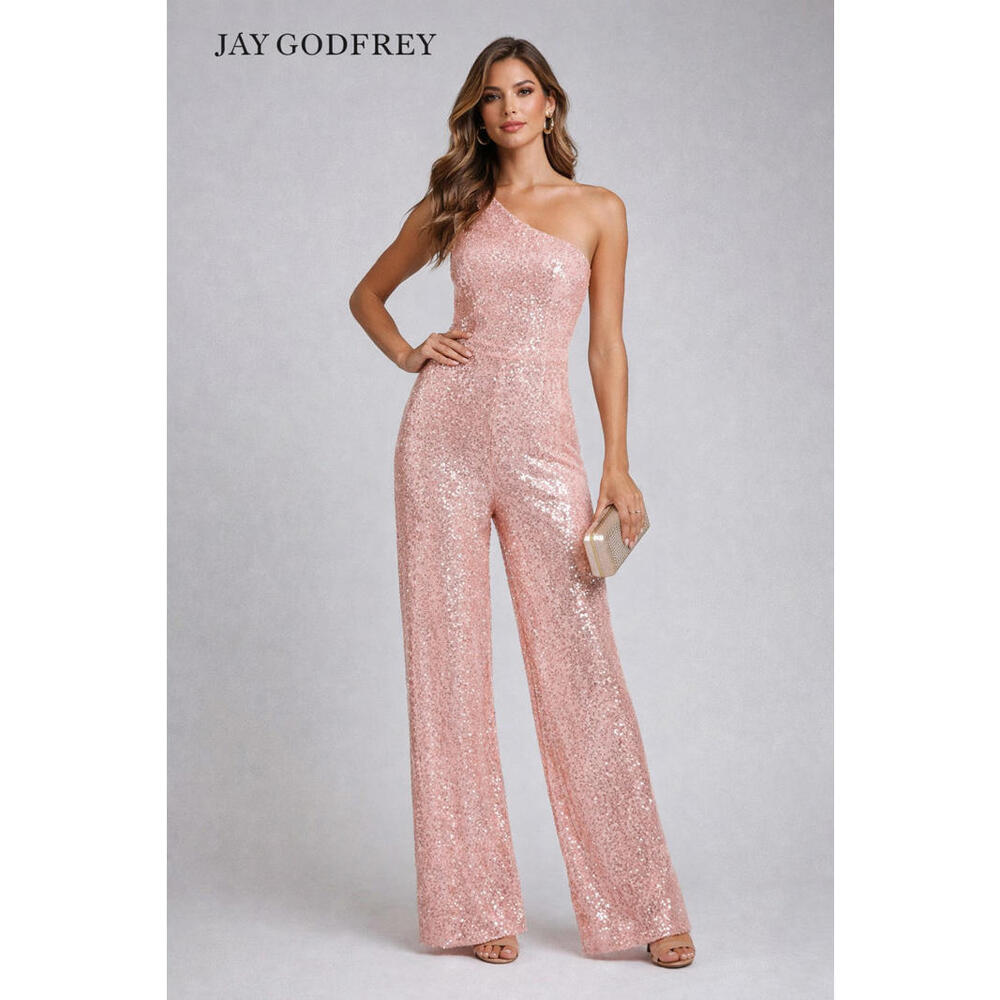 Jay Godfrey 123704 Peony Pink Sequin One Shoulder Jumpsuit 12 NWT Formal Evening